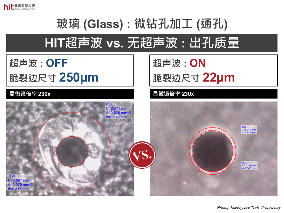 使用汉鼎超声波后, 玻璃材料微孔出口裂纹明显减小